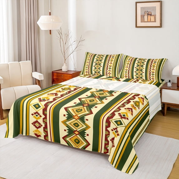 Manfei Retro Rustic Aztec Full Size Sheets,Vintage Boho Tribal Bed Sheets,Green Beige Sheet Sets For Men Women,Breathable Home Decor,4pcs