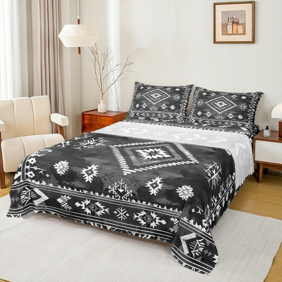 Manfei Retro Rustic Aztec Queen Sheet Sets,Vintage Boho Tribal Flat Sheet,Gray Black Queen Fitted Sheet For Men Women,Breathable Home Decor,4pcs