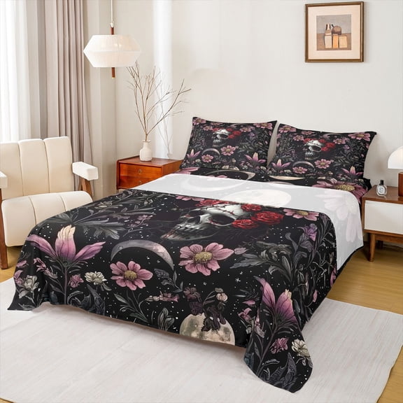 Manfei Retro Rustic Floral Bed Sheets,Spooky Skull Skeleton King Sheets,Gothic Valentines Day Sheet Set For Adults,Breathable Home Decor,4 Pieces