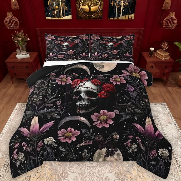 Manfei Retro Rustic Floral Bedding Comforter Set,Spooky Skull Skeleton Twin Comforter Sets,Gothic Valentines Day Bedding Set For Adults,Breathable Home Decor Reversible,2 Pieces