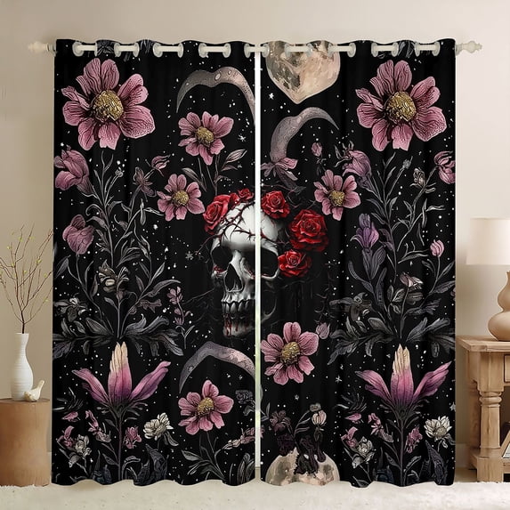 Manfei Retro Rustic Floral Black Out Curtains,Spooky Skull Skeleton Curtains Pack of 2 (42x63 Each),Gothic Valentines Day Bedroom Curtains For Adults,Breathable Home Decor
