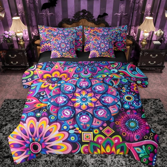 Manfei Retro Rustic Flower 7-Piece Bedding Comforter Set,Boho bohemian Floral King Bedding Sets,Purple Blue Orange Bed Sheets For Girls Kids,Ultra Soft Home Decor Reversible