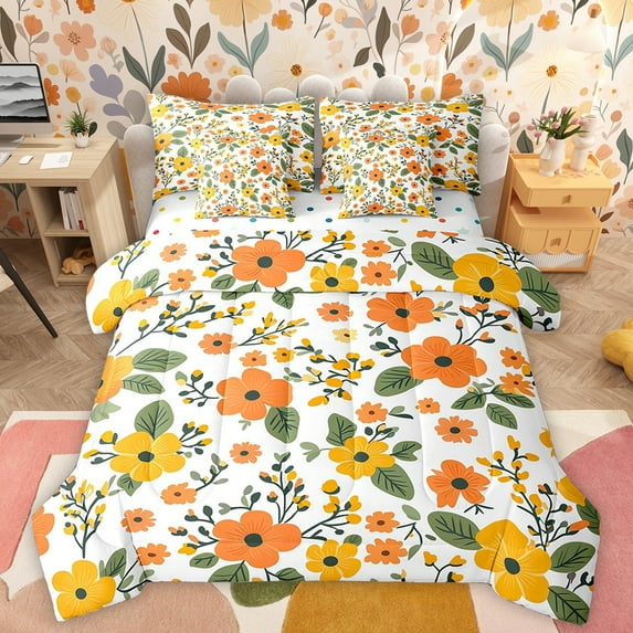 Manfei Retro Rustic Flower 7-Piece Bedding Comforter Set,Natural Plant King Bedding Sets,Orange Floral Green Leaves Bed Sheets For Girls Kids,Super Cozy Room Decor Reversible