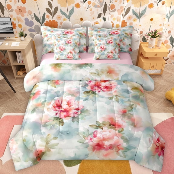 Manfei Retro Rustic Flower 7-Piece Twin Bedding Sets,Natural Plant Bedding Comforter Set,Ink Apinkting Aesthetic Sheet Sets For Girls Kids,Super Cozy Room Decor Reversible