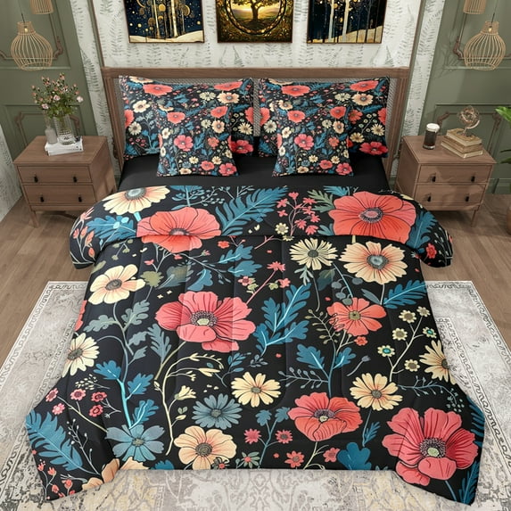 Manfei Retro Rustic Flower 7-Piece Twin Bedding Sets,Natural Plant Bedding Comforter Set,Pink Beige Floral Sheet Sets For Girls Kids,Super Cozy Room Decor Reversible