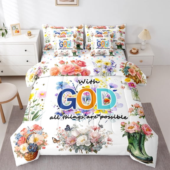 Manfei Retro Rustic Flower 7-Piece Twin Bedding Sets,Watercolor Country Floral Bedding Comforter Set,God Print Sheet Sets For Girls,Luxury Bedroom Decor Reversible