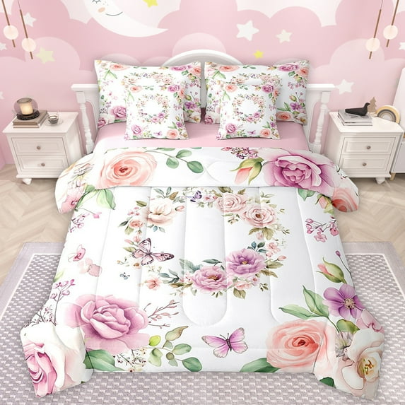 Manfei Retro Rustic Flower 7 Pieces Bedding Comforter Set,Countryside Floral Butterfly Full Bedding Set,Pink White Fitted Sheet Flat Sheet For Girls,Super Cozy Room Decor Reversible