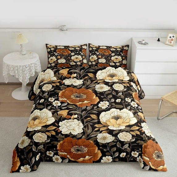 Manfei Retro Rustic Flower Bedding Comforter Set,Brown Beige Floral Twin Comforter Sets,Natural Plant Theme Bedding Set For Kids,Ultra Soft Home Decor Reversible,2 Pieces