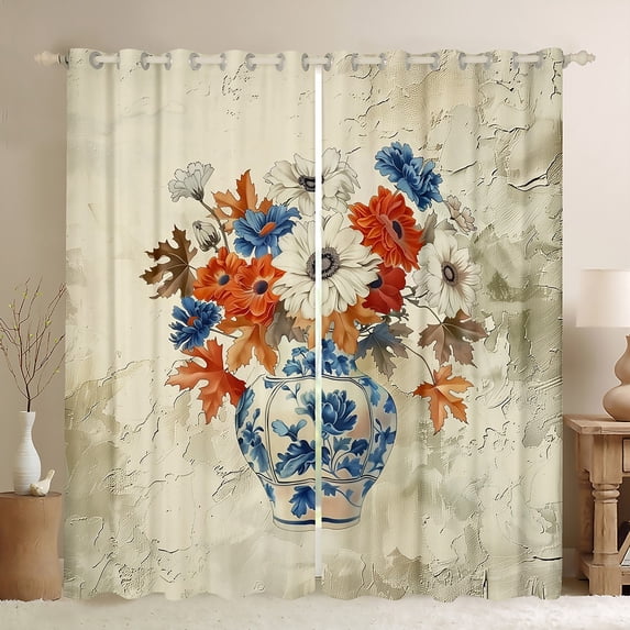 Manfei Retro Rustic Flower Black Out Curtains,Country Floral Curtains Pack of 2 (42x63 Each),Beige Blue Orange Bedroom Curtains For Girls,Ultra Soft Home Decor