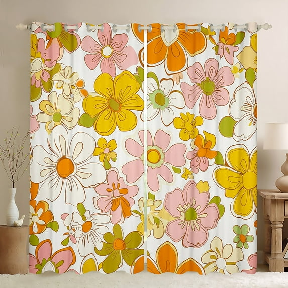 Manfei Retro Rustic Flower Curtains Pack of 2 (42x84 Each),Cute Daisy Curtains Blackout,Beige Orange Pink Bedroom Curtains For Girls Kids,Super Cozy Room Decor