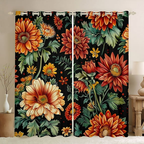 Manfei Retro Rustic Flower Curtains Pack of 2 (42x84 Each),Natural Plant Curtains Blackout,Orange Green Black Bedroom Curtains For Girls Kids,Super Cozy Room Decor