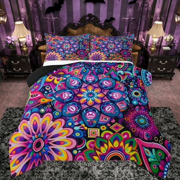 Manfei Retro Rustic Flower Full Size Comforter Sets,Boho bohemian Floral Bedding Comforter Set,Purple Blue Orange Bedding Sets For Girls Kids,Ultra Soft Home Decor Reversible,3 Pieces