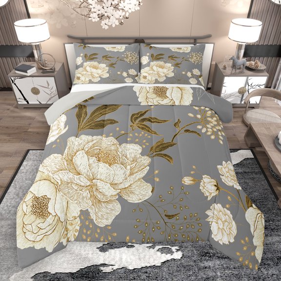 Manfei Retro Rustic Flower Full Size Comforter Sets,Natural Plant Bedding Comforter Set,Beige Gray Bedding Sets For Girls Boys,Super Cozy Room Decor Reversible,3 Pieces