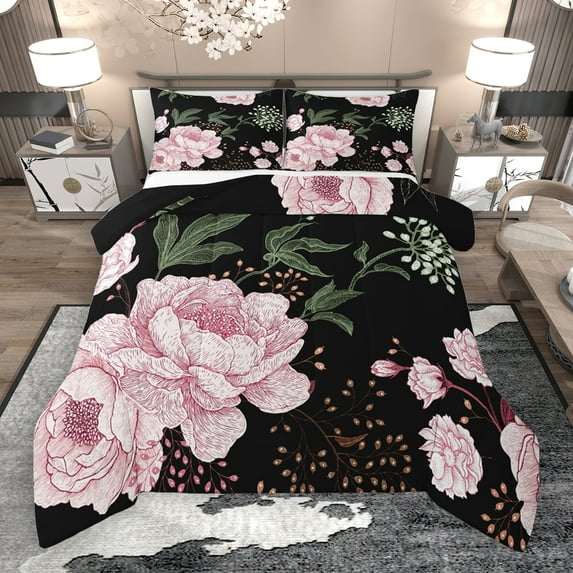 Manfei Retro Rustic Flower Queen Comforter Set,Natural Plant Bedding Sets,Pink Black Bedding Comforter Set For Girls Boys,Super Cozy Room Decor Reversible,3 Pieces