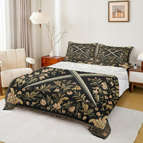 Manfei Retro Rustic Flower Twin Sheet Sets,Country Floral Twin Fitted Sheet,Brown Black Flat Sheet For Girl Boy,Luxury Bedroom Decor,3-Piece