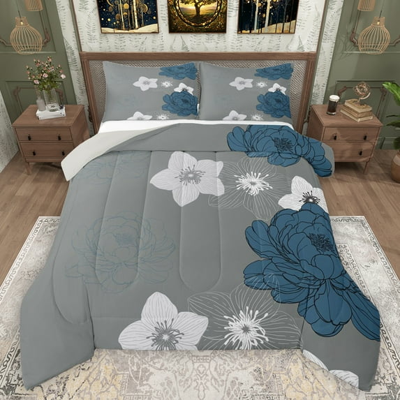 Manfei Retro Rustic Flowers Bedding Comforter Set,Vinatge Aesthetic Art Twin Comforter Sets,Deepblue Gray Bedding Set For Men Women,Microfiber Bedroom Decor Reversible,2-Piece