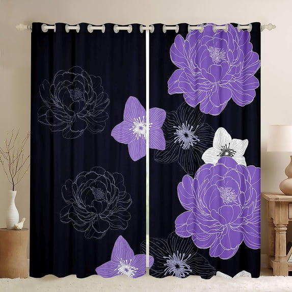 Manfei Retro Rustic Flowers Black Out Curtains,Vinatge Aesthetic Art Curtains Pack of 2 (42x63 Each),Purple Black Bedroom Curtains For Men Women,Microfiber Bedroom Decor