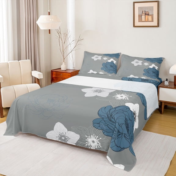 Manfei Retro Rustic Flowers Twin Sheet Sets,Vinatge Aesthetic Art Twin Fitted Sheet,Deepblue Gray Flat Sheet For Men Women,Microfiber Bedroom Decor,3-Piece