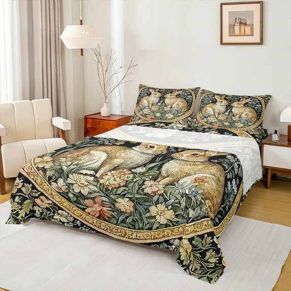 Manfei Retro Rustic Rabbit Bed Sheets,Vintage Countryside Flower King Sheets,Wild Animal Sheet Set For Kids,Super Cozy Room Decor,4-Piece