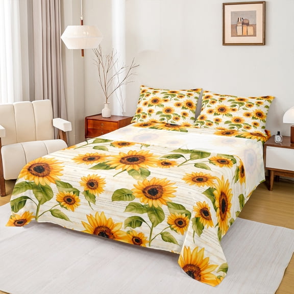Manfei Retro Rustic Sunflower Bed Sheets,Country Flower Floral King Sheets,Yellow Beige Green Sheet Set For Men Women,Luxury Bedroom Decor,4pcs