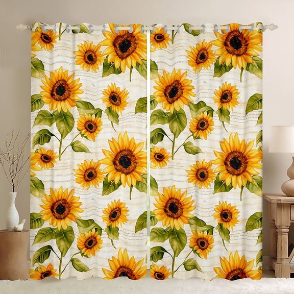 Manfei Retro Rustic Sunflower Black Out Curtains,Country Flower Floral Curtains Pack of 2 (42x63 Each),Yellow Beige Green Bedroom Curtains For Men Women,Luxury Bedroom Decor