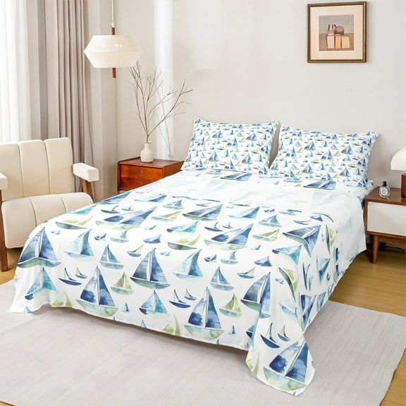 Manfei Retro Sailboat Bed Sheets,Ocean Sea King Sheets,Nautical Theme Sheet Set For Boys,Ultra Soft Bedroom Decor,4pcs