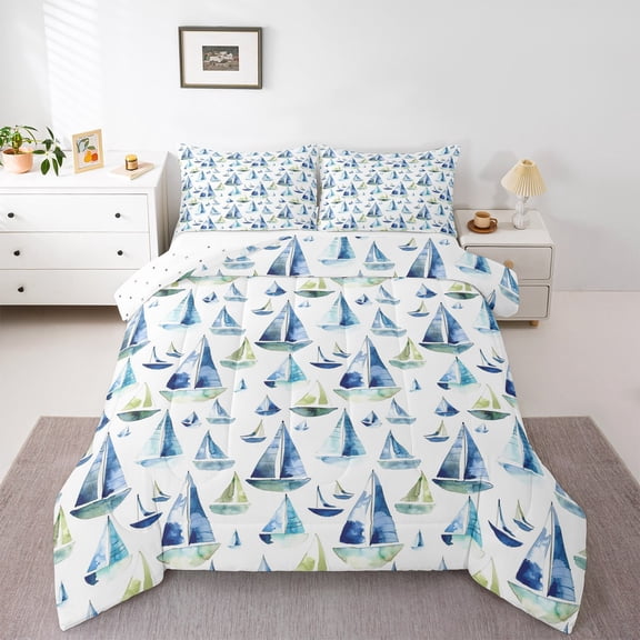 Manfei Retro Sailboat Queen Comforter Set,Ocean Sea Bedding Sets,Nautical Theme Bedding Comforter Set For Boys,Ultra Soft Bedroom Decor Reversible,3 Pieces