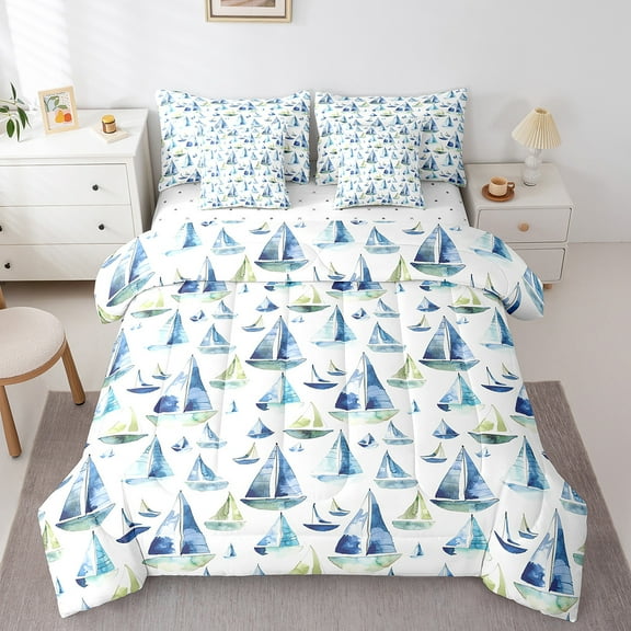 Manfei Retro Sailboat Twin Bedding Sets 7pcs,Ocean Sea Bedding Comforter Set 7pcs,Nautical Theme Sheet Sets For Boys,Ultra Soft Bedroom Decor Reversible