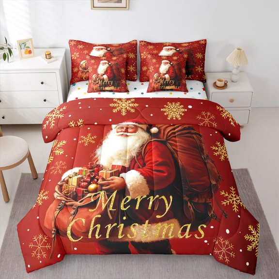 Manfei Retro Santa Claus 7-Piece Bedding Comforter Set,Merry Xmas King Bedding Sets,Christmas Gifts Bed Sheets For Teens,Luxury Bedroom Decor Reversible
