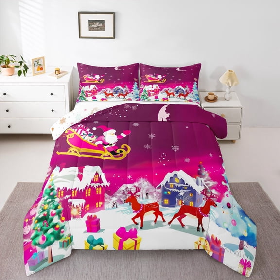 Manfei Retro Santa Claus Kid Bedding Comforter Set, Christmas Deer Animal Twin Comforter Sets, Winter Festival Reversible Bedding Set, Microfiber Bedroom Decor, 2 Pieces