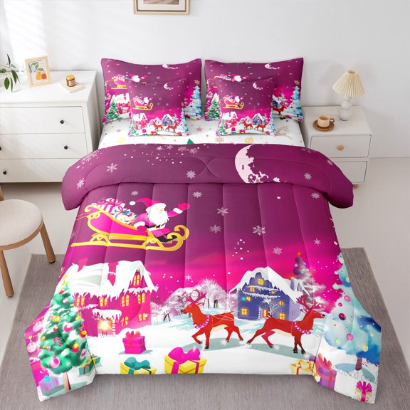 Manfei Retro Santa Claus Kid Twin Bedding Sets 7-Piece, Christmas Deer Animal Bedding Comforter Set, Winter Festival Reversible Sheet Sets, Microfiber Bedroom Decor