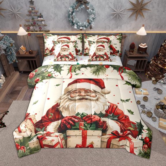 Manfei Retro Santa Claus Twin Bedding Sets 7 Pieces for Kids, Xmas Gifts Bedding Comforter Set, Merry Christmas Happy New Year Sheet Sets, Luxury Bedroom Decor