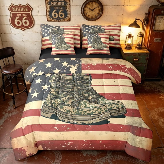 Manfei Retro Soldier Boots King Bedding, Distressed US Flag King Bed in a Bag, Red White Blue, Black Reversible 7pcs