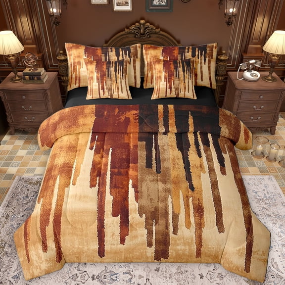 Manfei Retro Splatter Ink 7-Piece Twin Bedding Sets,Geometric Stripe Bedding Comforter Set,Orange Brown Sheet Sets For Adults,Breathable Home Decor Reversible
