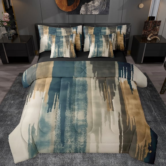 Manfei Retro Splatter Ink 7pcs Bedding Comforter Set,Geometric Stripe Queen Bedding Sets,Teal Brown Queen Sheet Sets For Adults,Breathable Home Decor Reversible