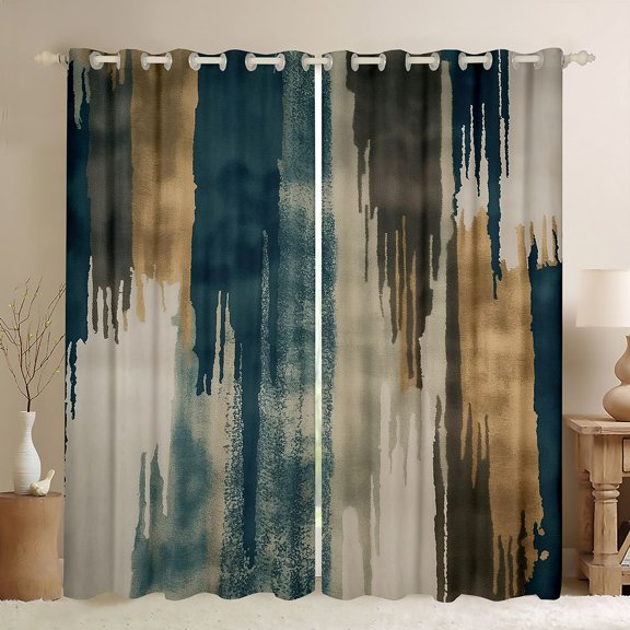Manfei Retro Splatter Ink Blackout Curtains Set of 2 (52x84 Each),Geometric Stripe Window Curtains,Teal Brown Curtains and Drapes For Adults,Breathable Home Decor