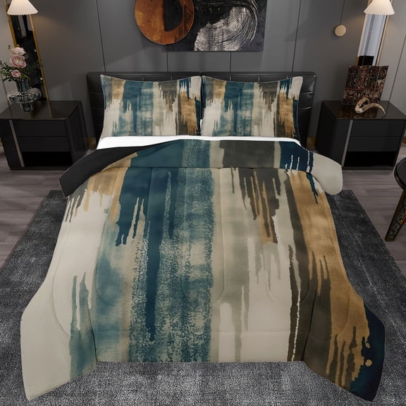 Manfei Retro Splatter Ink Queen Comforter Set,Geometric Stripe Bedding Sets,Teal Brown Bedding Comforter Set For Adults,Breathable Home Decor Reversible,3 Pieces