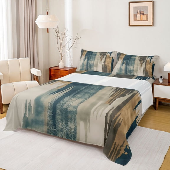 Manfei Retro Splatter Ink Twin Sheet Sets,Geometric Stripe Twin Fitted Sheet,Teal Brown Flat Sheet For Adults,Breathable Home Decor,3pcs