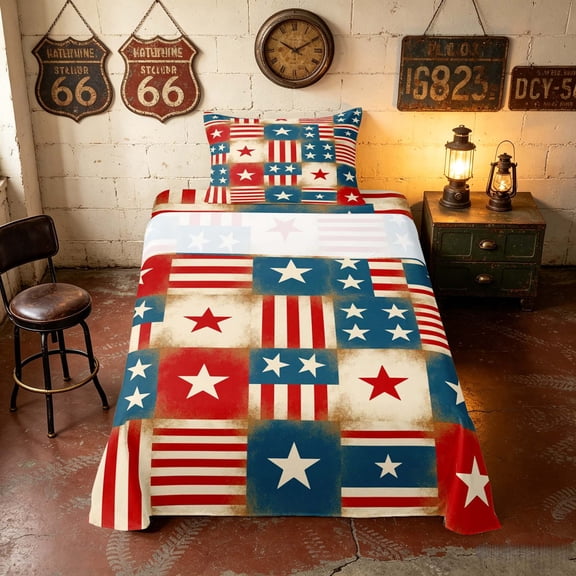 Manfei Retro Star Block Twin Sheets, US Flag Stripes Bedding, Red White Blue, Navy Reversible 3-Piece (1 Flat Sheet, 1 Fitted Sheet and 1 Pillowcase)