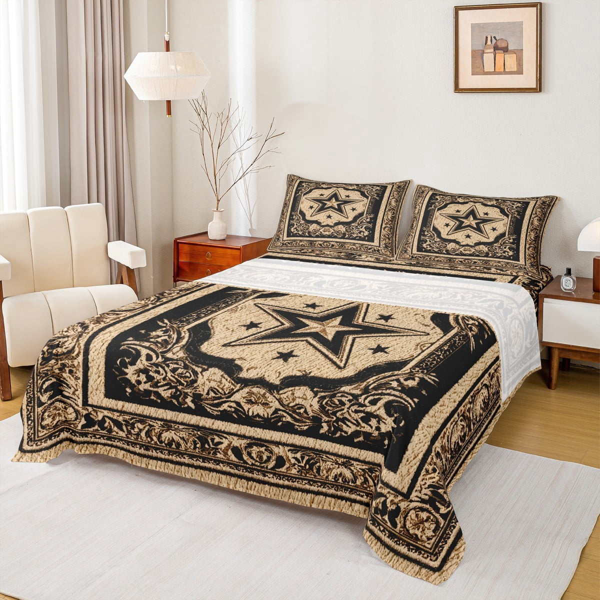 Rustic Sheet Manfei Retro Star Queen Sheet Sets 4 Pieces, Vintage Black Brown Flower ...