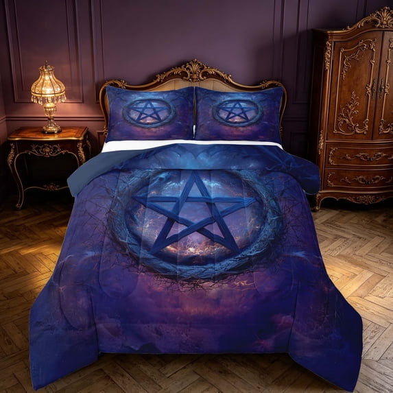 Manfei Retro Stars Print Full Size Comforter Sets,Abstract Geometric Bedding Comforter Set,Blue Purple,Navy Blue Reversible,3pcs,1 Comforter and 2 Pillowcases