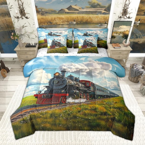 Manfei Retro Steam Engine Bedding Comforter Set 7pcs, Train Railway Track Queen Bedding Sets, Oil Painting Garden Queen Sheet Sets, Lightweight Room Decor
