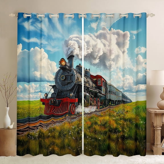 Manfei Retro Steam Engine Black Out Curtains, Train Railway Track Curtains Pack of 2 (42x63 Each), Oil Painting Garden Bedroom Curtains, Luxury Room Decor