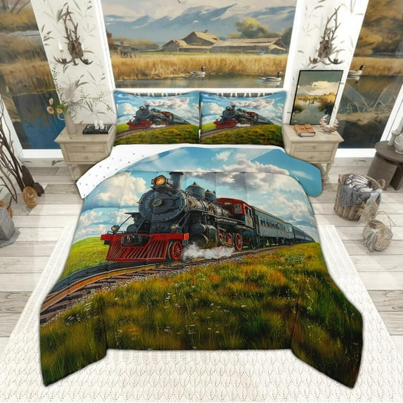 Manfei Retro Steam Engine Full Size Comforter Sets, Train Railway Track Bedding Comforter Set, Oil Painting Garden Bedding Sets, Lightweight Room Decor Reversible 3pcs