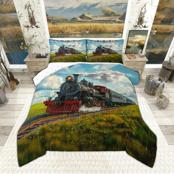 Manfei Retro Steam Engine Queen Comforter Set, Train Railway Track Bedding Sets, Oil Painting Garden Bedding Comforter Set, Lightweight Room Decor Reversible 3 Pieces