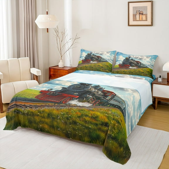 Manfei Retro Steam Engine Twin Sheet Sets 3pcs, Train Railway Track Twin Fitted Sheet, Oil Painting Garden Flat Sheet, Lightweight Room Decor