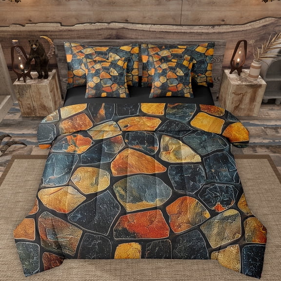 Manfei Retro Stone 7-Piece Bedding Comforter Set,Vintage Aesthetic Desgin King Bedding Sets,Deepblue Orange Bed Sheets For Men Women,Super Cozy Room Decor Reversible