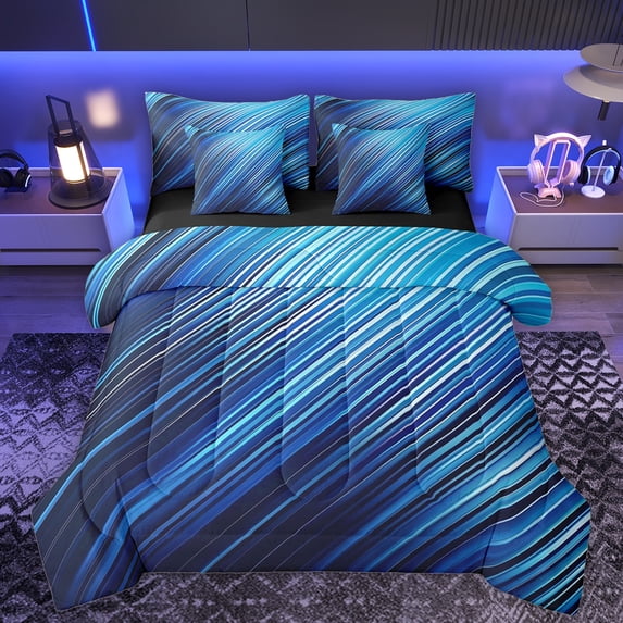Manfei Retro Strieps Lines 7pcs Bedding Comforter Set,Modern Abstract Geometric Queen Bedding Sets,Blue Striped Queen Sheet Sets For Men Women,Ultra Soft Home Decor Reversible