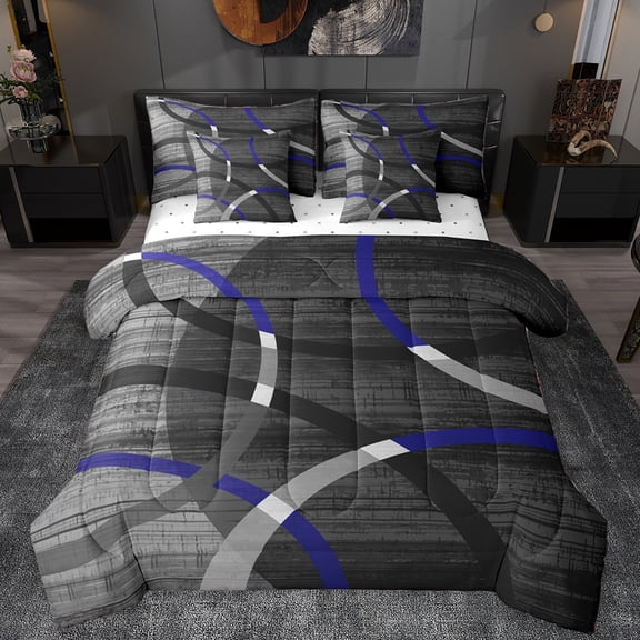 Manfei Retro Striped Pattern 7-Piece Bedding Comforter Set,Modern Abstract Geometric King Bedding Sets,Black Gray Bed Sheets For Teens,Luxury Bedroom Decor Reversible