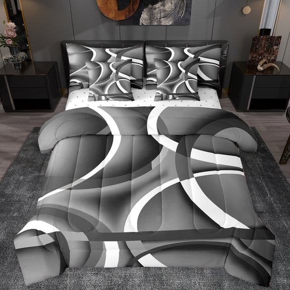 Manfei Retro Striped Pattern 7-Piece Twin Bedding Sets,Modern Abstract Geometric Bedding Comforter Set,Gray White Sheet Sets For Teens,Luxury Bedroom Decor Reversible